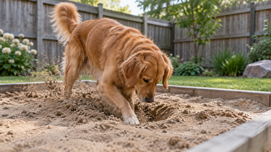 Dog digging in a designated sandy patch of a fenced yard