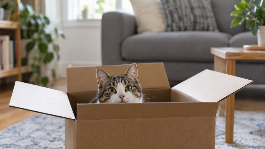 Cat peeking out of a clean open cardboard box in a living room