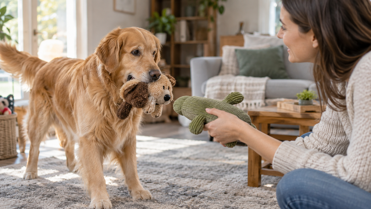 Dog holding a soft toy while owner offers a second toy for a trade