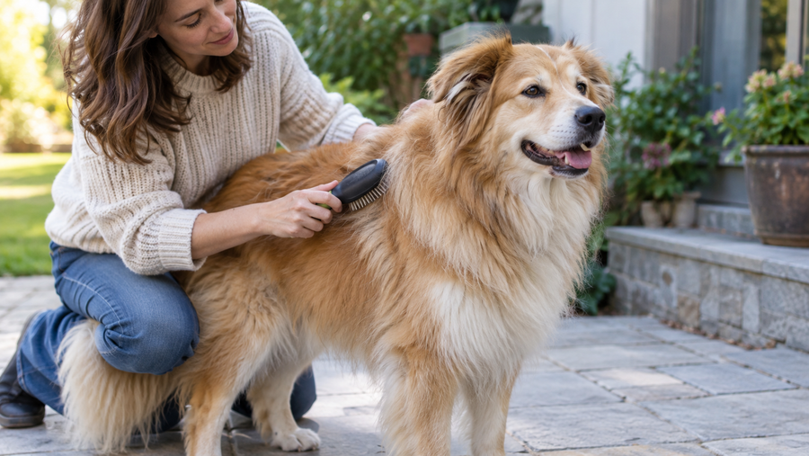 Fluffy double-coated dog standing calmly while owner uses a soft brush