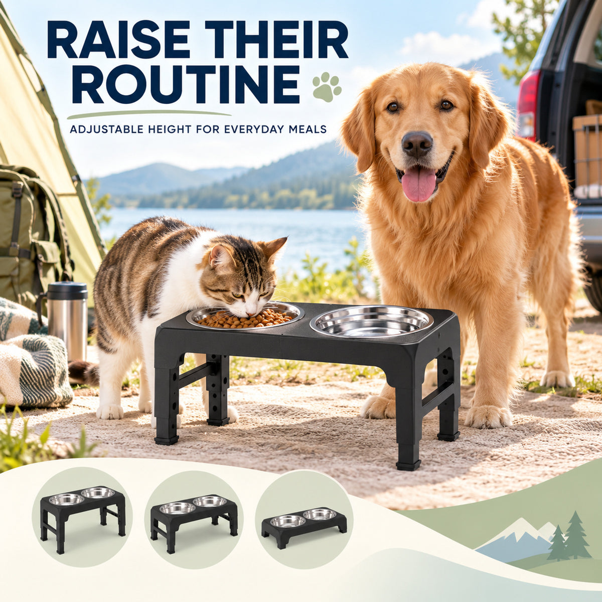 Adjustable Foldable Stainless Steel Pet Bowl Stand, 2 Colors, By GAVPEPY image 2 - 01-Overview.jpg