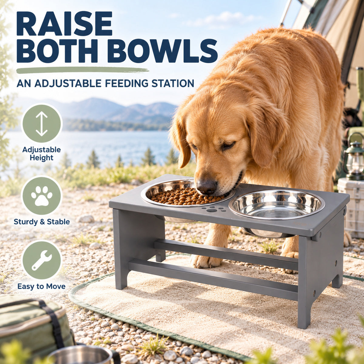 Adjustable Foldable Double Pet Bowl Stand, By GAVPEPY image 2 - 01-Overview.jpg