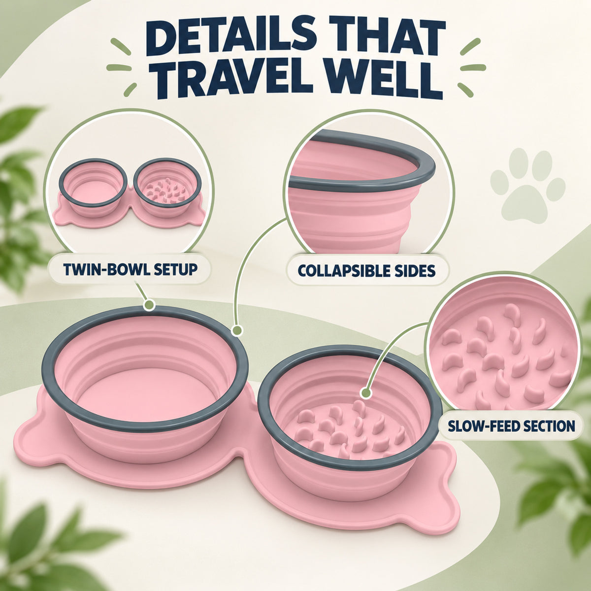 Twin Collapsible Silicone Pet Travel Bowls, 7 Colors, By GAVPEPY image 3 - 02-Design-Details.jpg