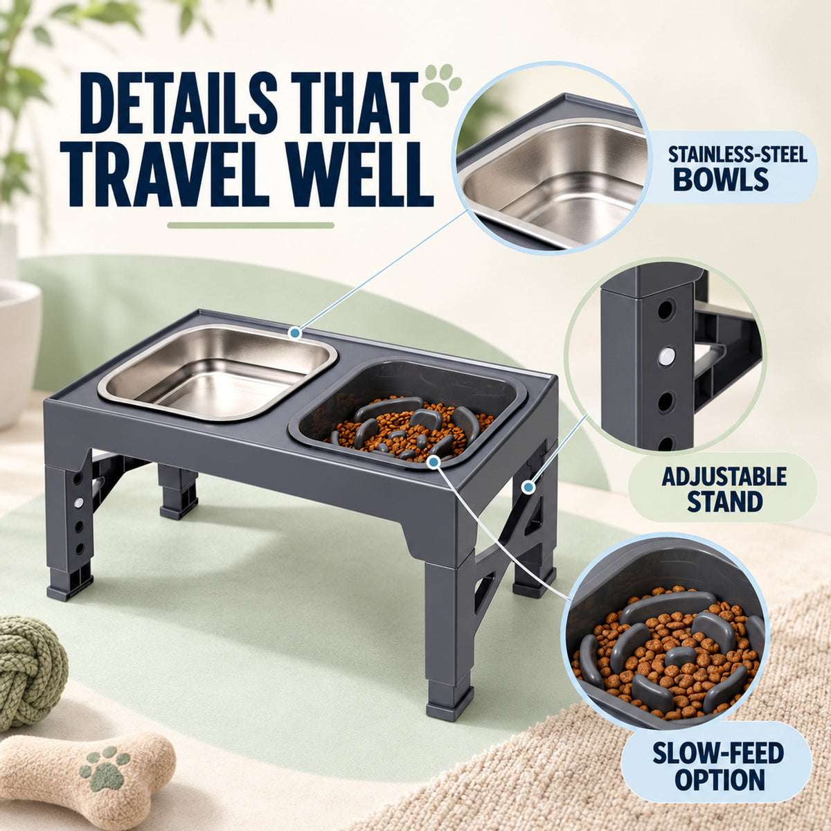 Adjustable Foldable Pet Bowl Stand, 2 Colors & 3 Bowl Sets, By GAVPEPY image 3 - 02-Design-Details.jpg