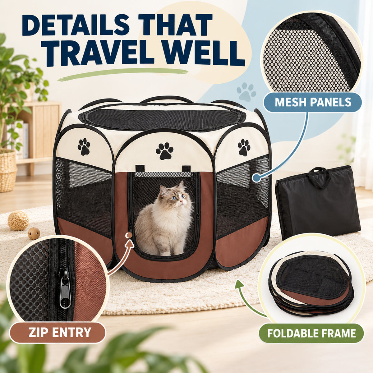 Foldable Black Pet Playpen with Carry Bag, 3 Sizes, By GAVPEPY image 3 - 02-Design-Details.jpg