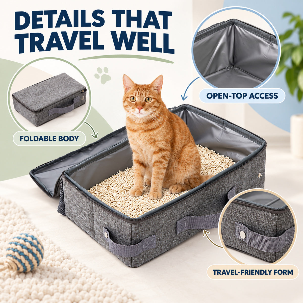 Foldable Travel Litter Box with Scoop, 3 Sizes, By GAVPEPY image 3 - 02-Design-Details.jpg