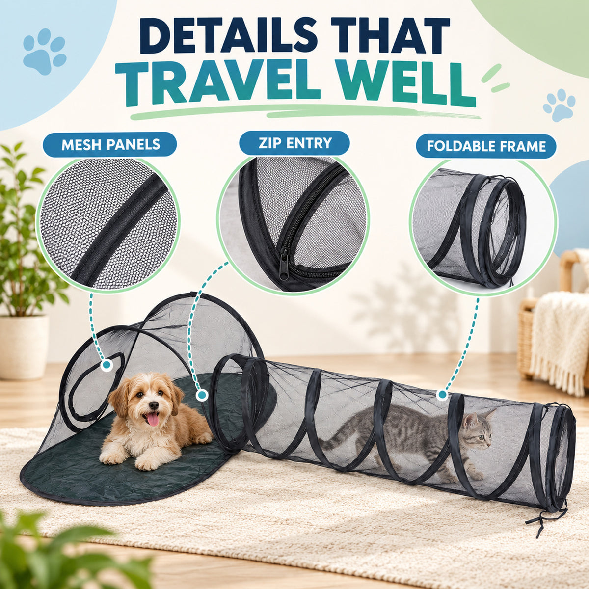 Foldable Pet Travel Tent with Tunnel, By GAVPEPY image 3 - 02-Design-Details.jpg