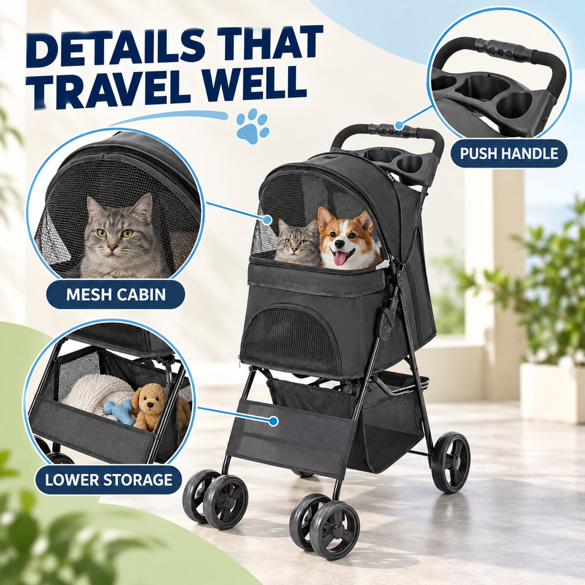 Foldable Pet Stroller with Tray, 2 Colors, By GAVPEPY image 3 - 02-Design-Details.jpg