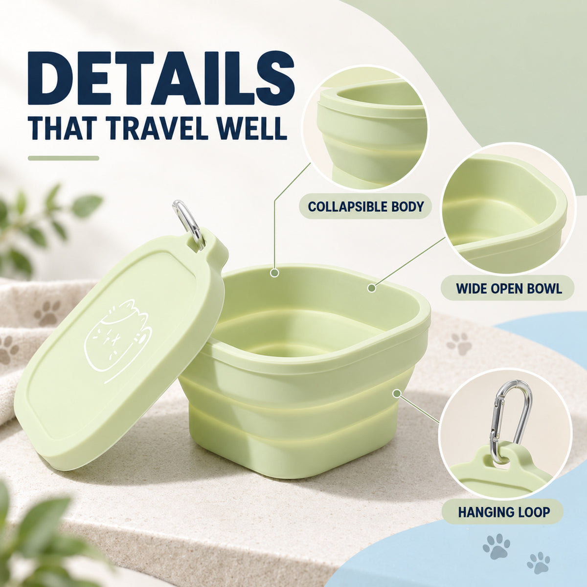 Covered 400 ml Collapsible Silicone Pet Bowl, 4 Colors & 2 Designs, By GAVPEPY image 3 - 02-Design-Details.jpg