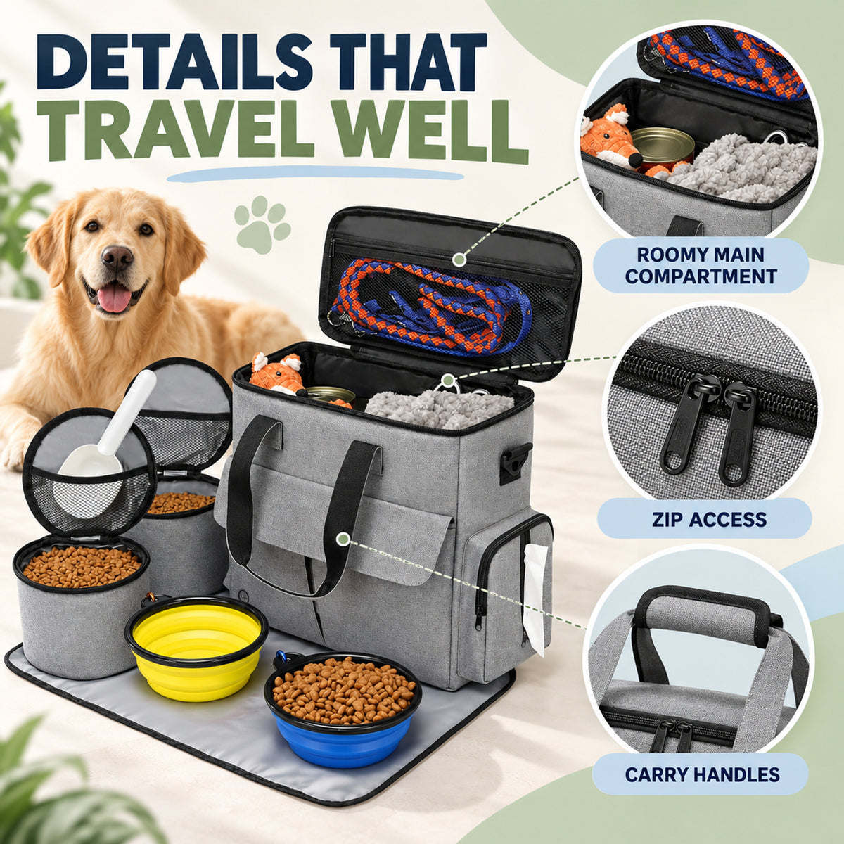 Large Pet Food Travel Bag with 2 Collapsible Bowls, 3 Colors, By GAVPEPY image 3 - 02-Design-Details.jpg
