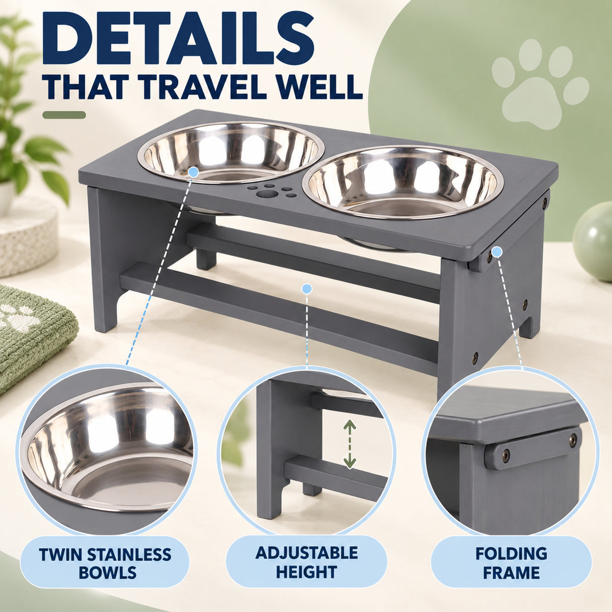 Adjustable Foldable Double Pet Bowl Stand, By GAVPEPY image 3 - 02-Design-Details.jpg
