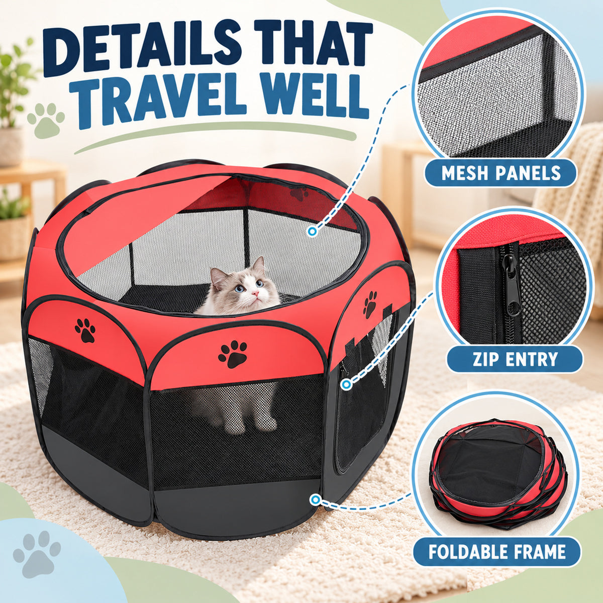 Foldable Oxford Fabric Pet Playpen, 6 Colors & 3 Sizes, By GAVPEPY image 3 - 02-Design-Details.jpg