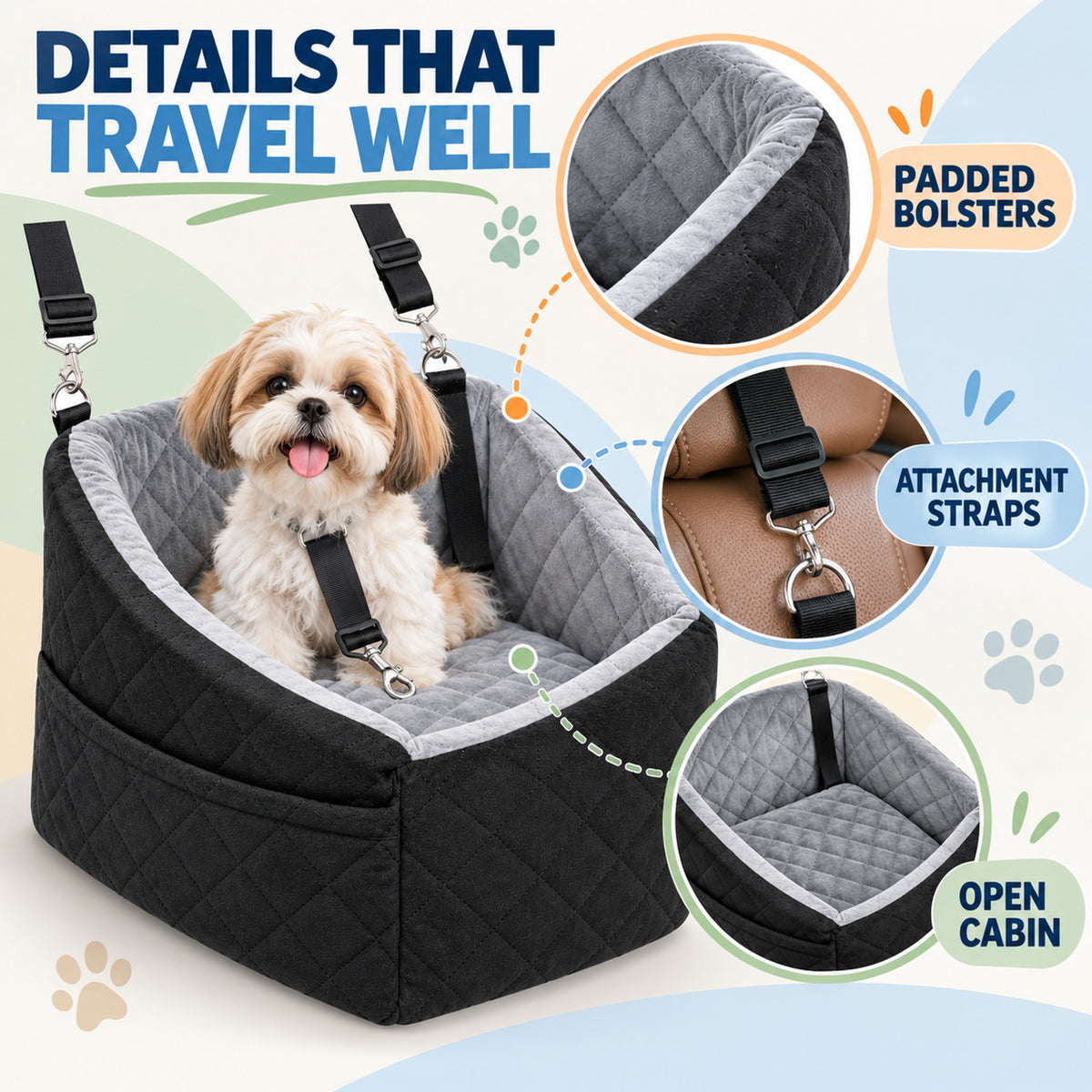 Plush Pet Car Seat and Travel Bed, 3 Colors, By GAVPEPY image 3 - 02-Design-Details.jpg