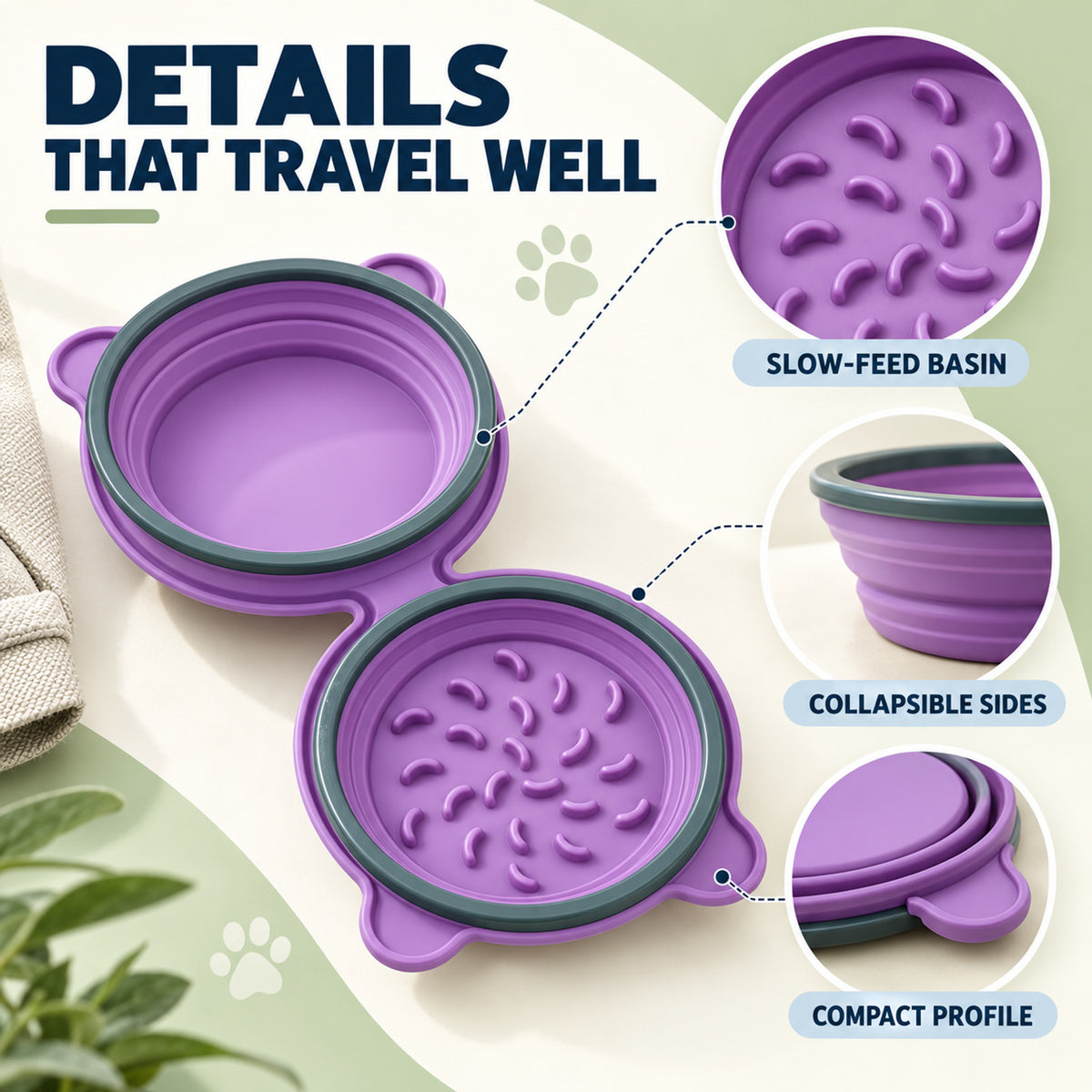 Collapsible Slow-Feeder Pet Travel Bowl, 3 Colors, By GAVPEPY image 3 - 02-Design-Details.jpg