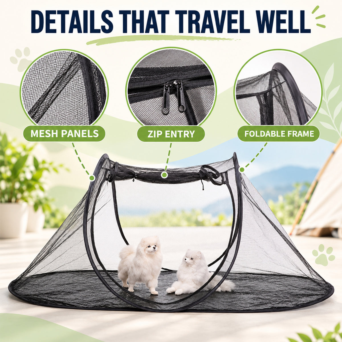 Foldable Green Pet Travel Tent, 3 Configurations, By GAVPEPY image 3 - 02-Design-Details.jpg