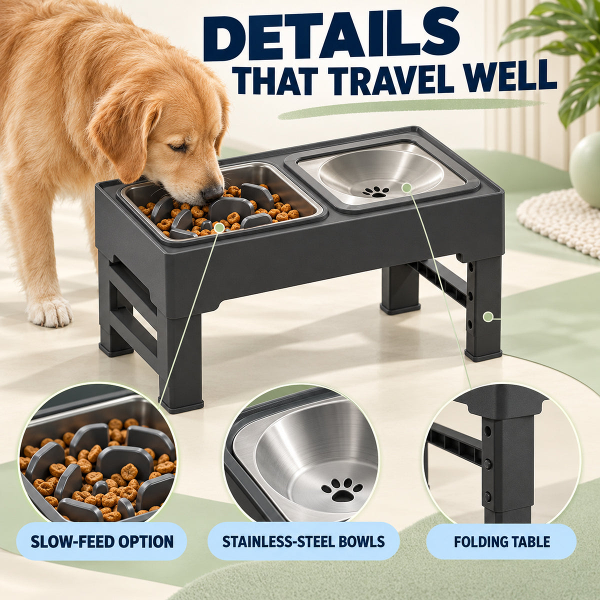 Foldable Pet Bowl Table, 2 Colors & 2 Bowl Types, By GAVPEPY image 3 - 02-Design-Details.jpg