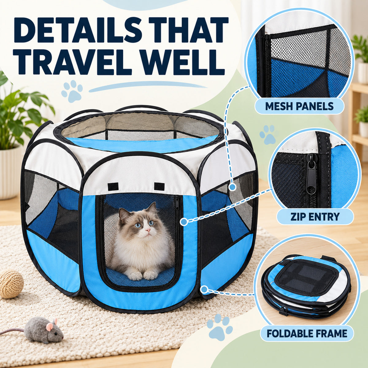 Foldable Oxford Fabric Pet Playpen, 2 Colors & 3 Sizes, By GAVPEPY image 3 - 02-Design-Details.jpg