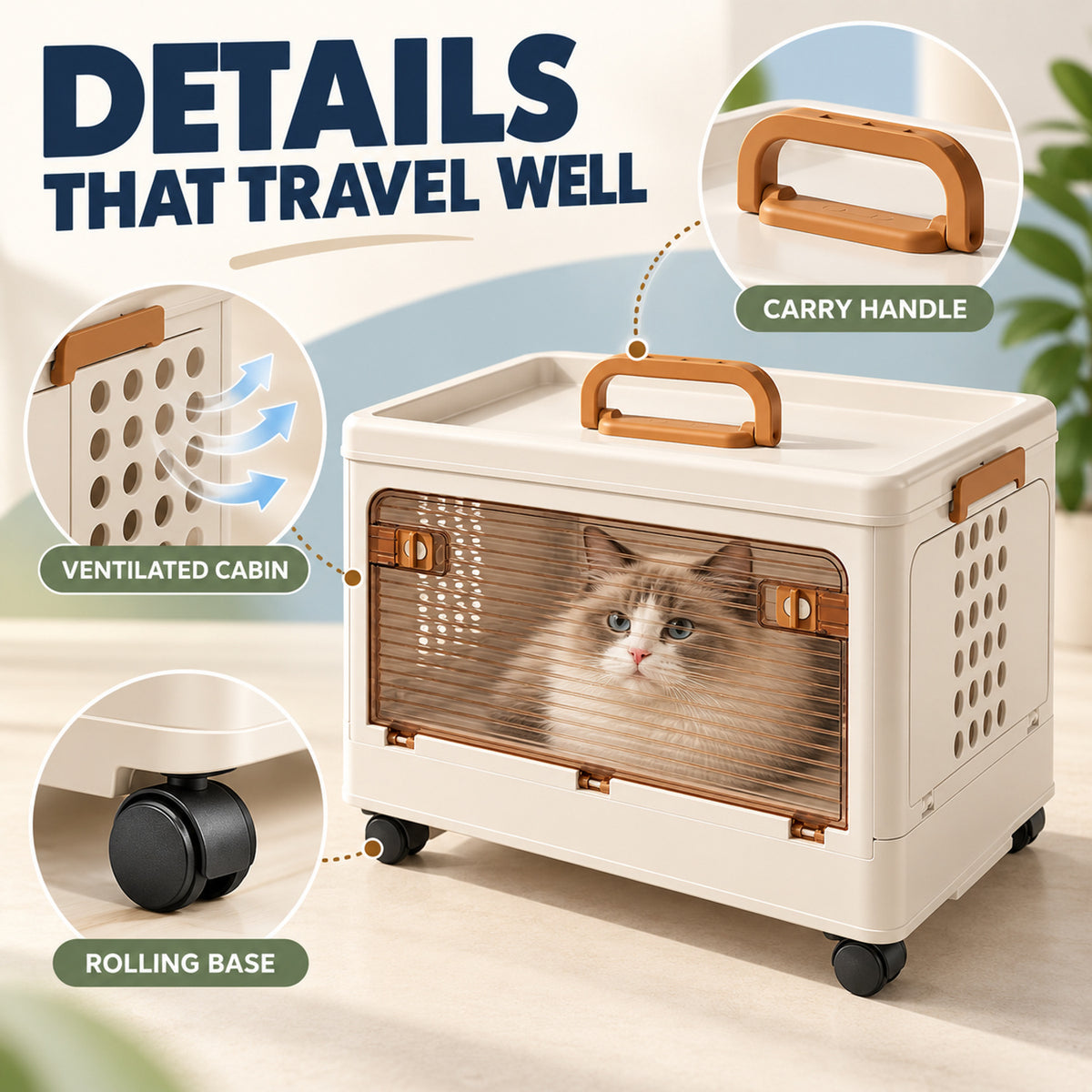 Portable Wheeled Pet Travel Carrier, 44.5 x 32 x 26 cm, By GAVPEPY image 3 - 02-Design-Details.jpg