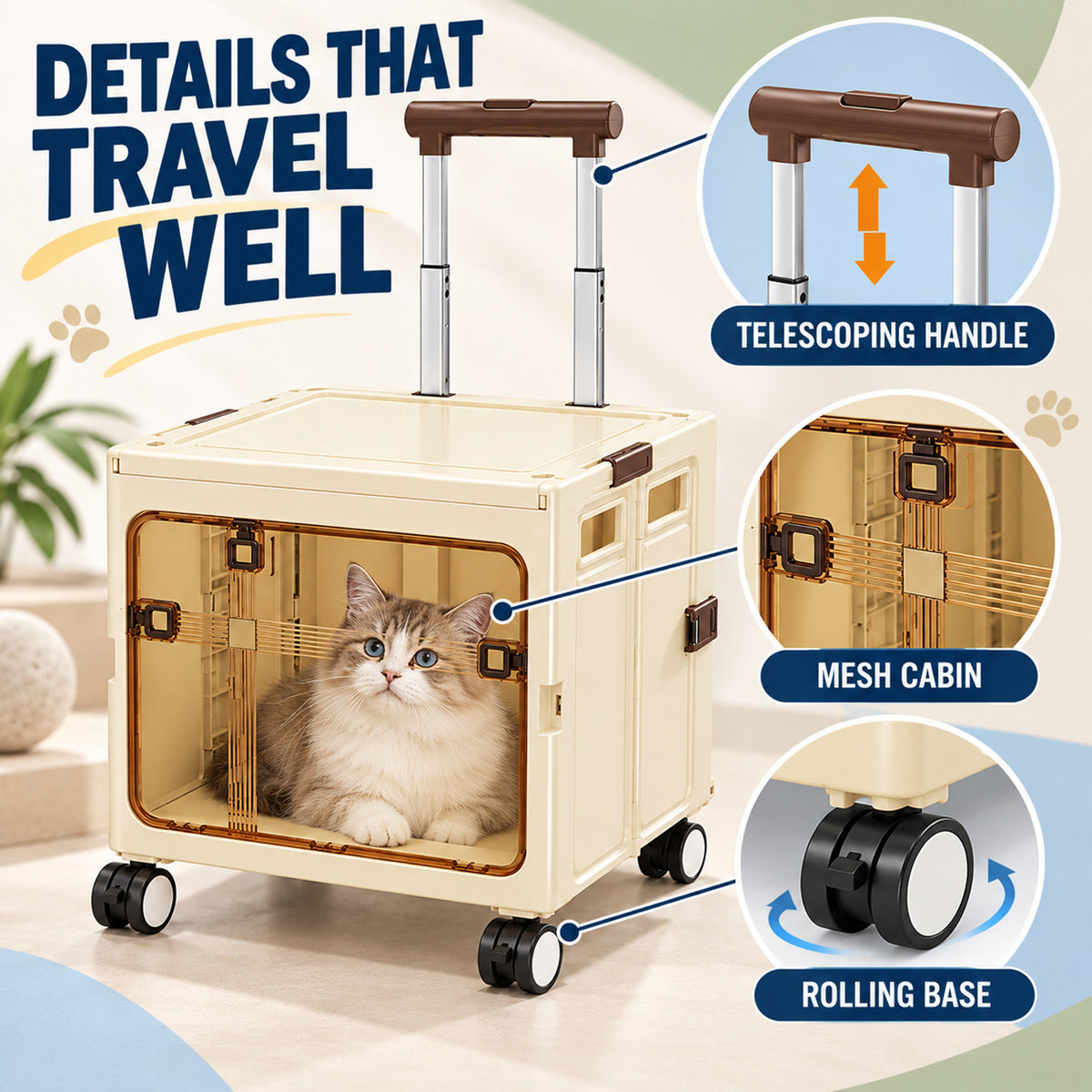 Hard-Shell Rolling Pet Carrier, 2 Colors, 2 Sizes & 2 Styles, By GAVPEPY image 3 - 02-Design-Details.jpg