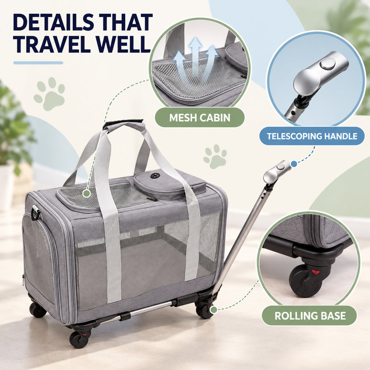 Soft-Sided Rolling Pet Carrier, 4 Colors & 2 Configurations, By GAVPEPY image 3 - 02-Design-Details.jpg