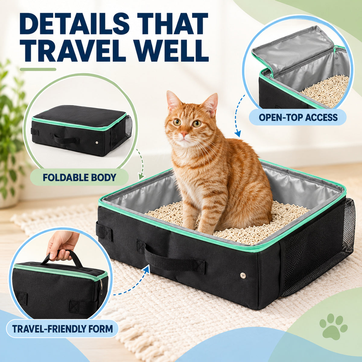 Foldable Travel Litter Box, 40 x 30 x 13 cm, 2 Colors, By GAVPEPY image 3 - 02-Design-Details.jpg