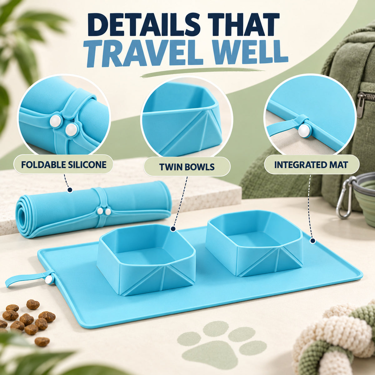 Foldable Silicone Double-Bowl Feeding Mat, 3 Colors & 2 Sizes, By GAVPEPY image 3 - 02-Design-Details.jpg