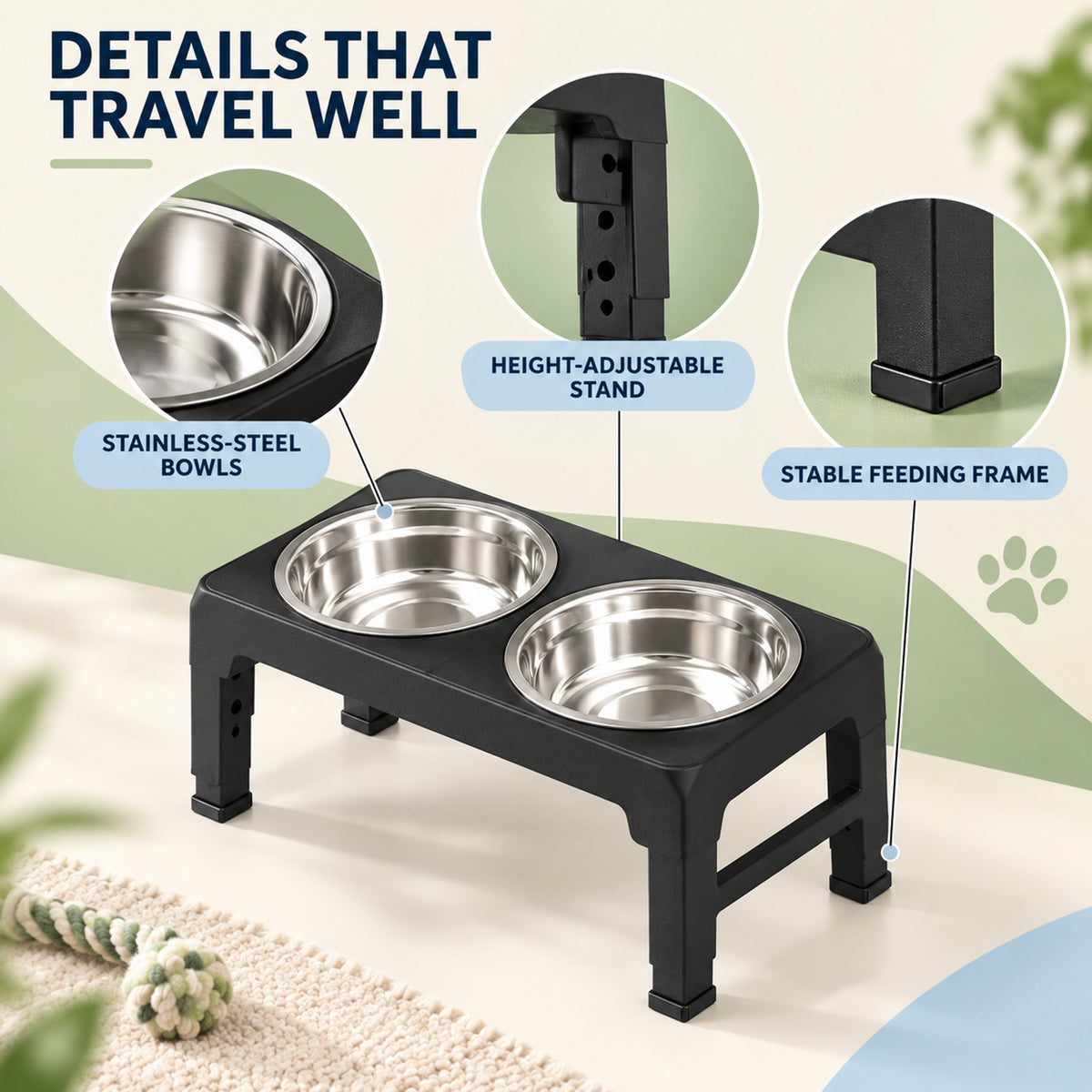 Adjustable Foldable Stainless Steel Pet Bowl Stand, 2 Colors, By GAVPEPY image 3 - 02-Design-Details.jpg