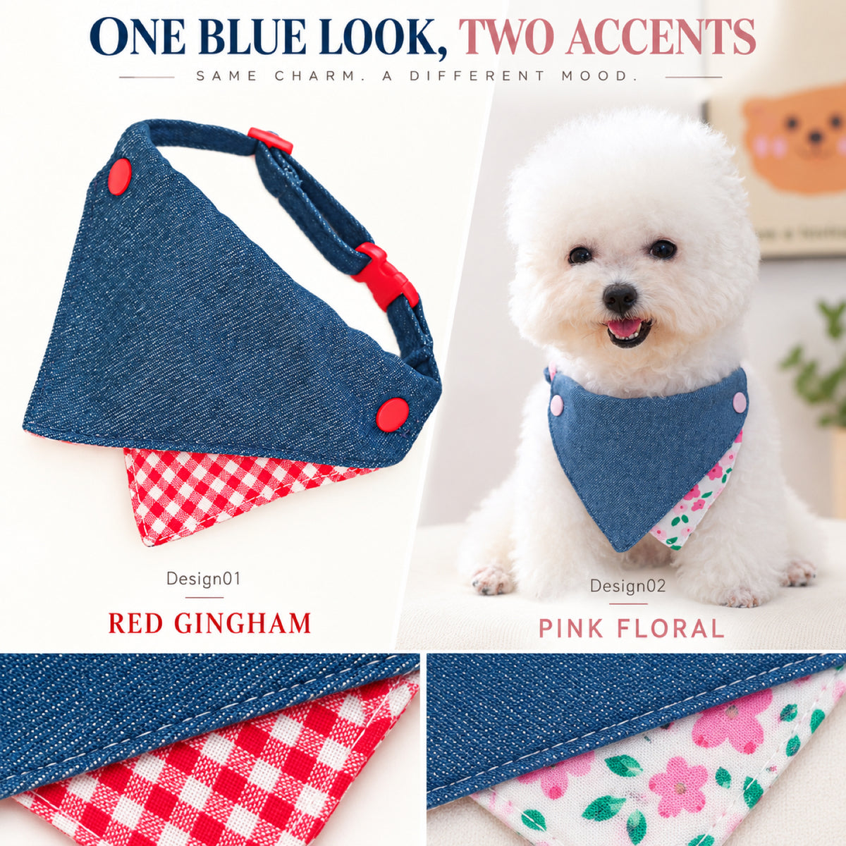 GAVPEPY Polyester Denim-Look Triangle Pet Bib, Sizes S, M, as pictured, for photos, celebrations, walks and everyday pet outfits; a neckwear accessory for everyday outfits, portraits and special occasions image 2 - 02-双款差异.jpg