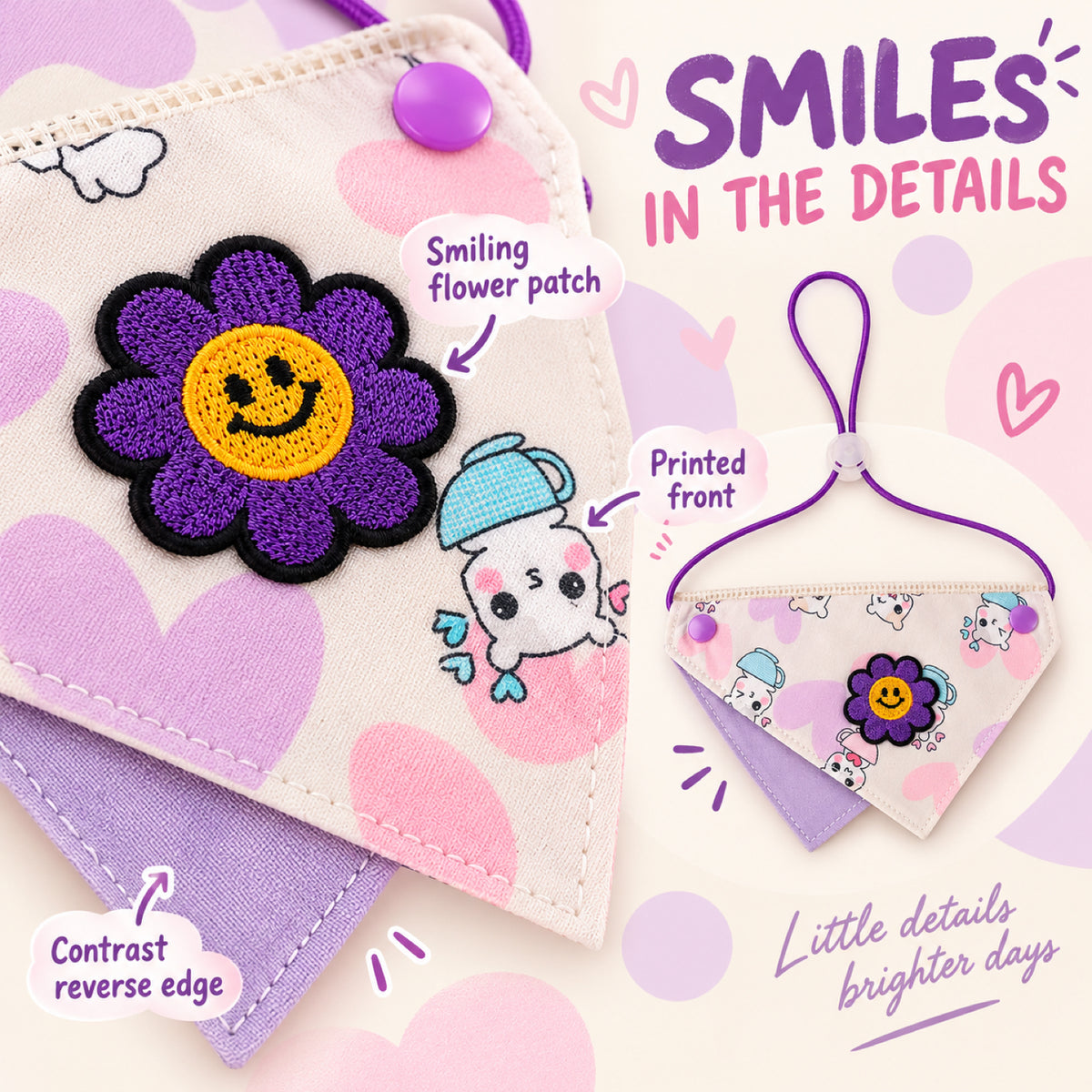 GAVPEPY Fabric Reversible Printed Pet Bandana, Sizes S, L, Purple, for pet photos, outings and celebrations; decorative neckwear with the selected print and fit shown in the product photos; review the selected variant photo for details image 2 - 02-笑脸花细节.jpg
