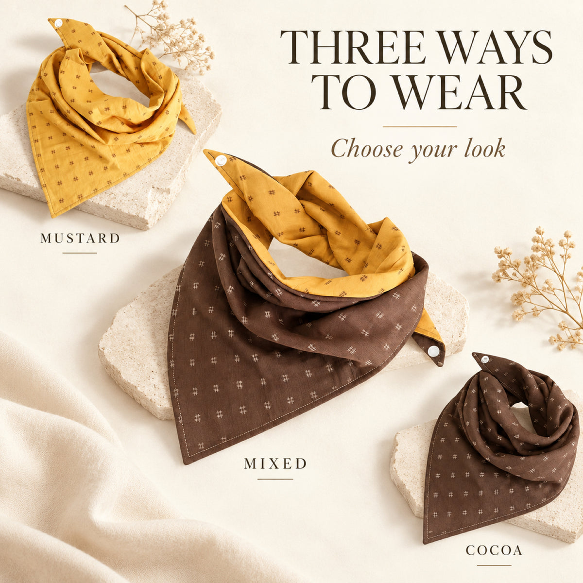 GAVPEPY Polyester Color-Block Triangle Pet Bandana, Sizes S, M, L, XL, Yellow, Brown, for photos, celebrations, walks and everyday pet outfits; a neckwear accessory for everyday outfits, portraits and special occasions image 2 - 02-三种穿法.jpg