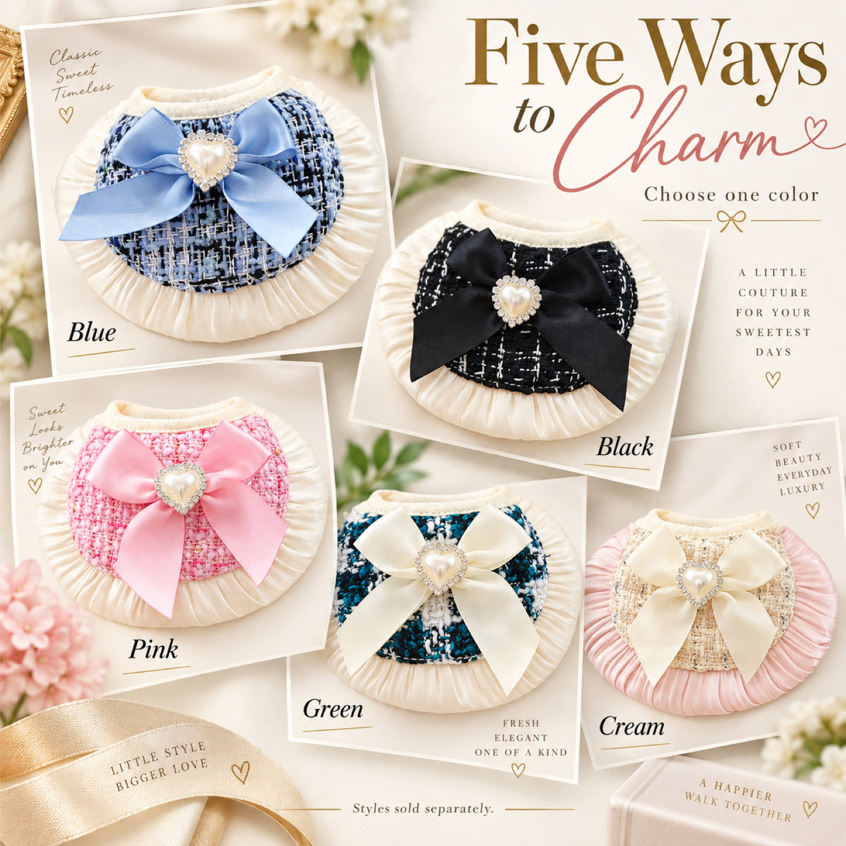 GAVPEPY Polyester Bow-Trim Pet Bib, Size S, 5 color or pattern options, for photos, celebrations, walks and everyday pet outfits; a neckwear accessory for everyday outfits, portraits and special occasions image 2 - 02-五色画册.jpg