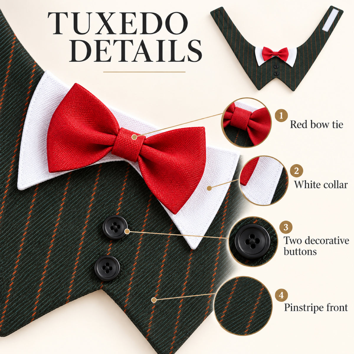 GAVPEPY Polyester Tuxedo Bow Pet Bib, Sizes XS, S, M, L, XL, Green Stripe, Dark Gray Stripe, Coffee Stripe, for photos, celebrations, walks and everyday pet outfits; a neckwear accessory for everyday outfits, portraits and special occasions image 2 - 02-礼服结构细节.jpg