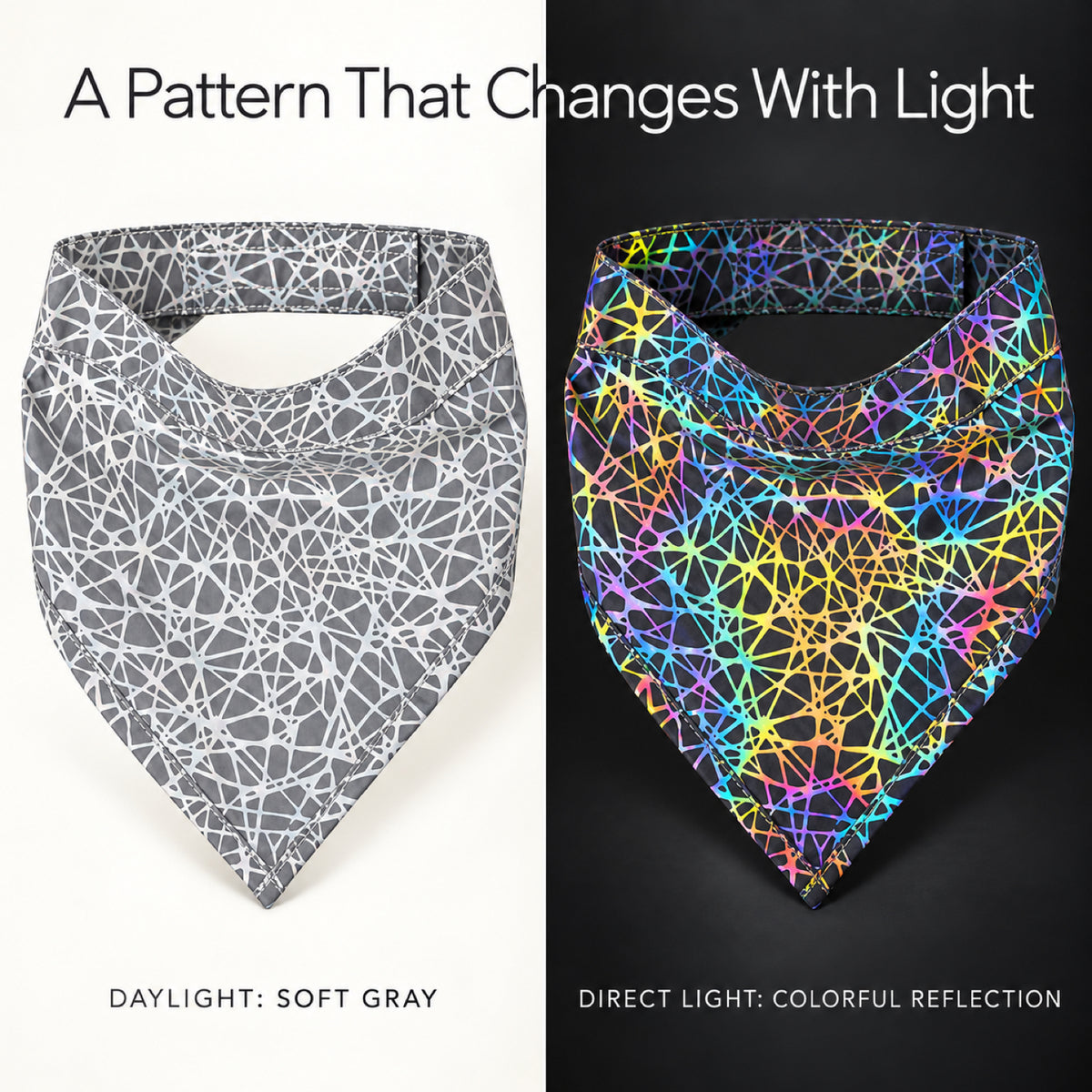 GAVPEPY Polyester Reflective Pattern Pet Bandana, Sizes S, M, L, Gray, for photos, celebrations, walks and everyday pet outfits; a neckwear accessory for everyday outfits, portraits and special occasions image 2 - 02-光照前后.jpg