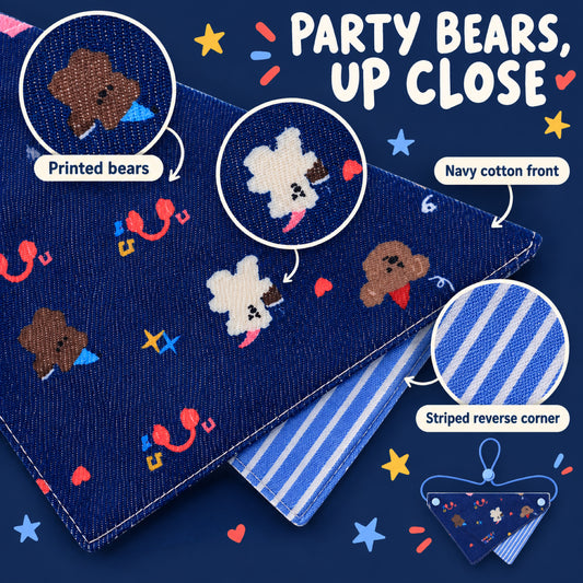 GAVPEPY Cotton Adjustable Printed Pet Bandana, Sizes S, L, Blue, for pet photos, outings and celebrations; decorative neckwear with the selected print and fit shown in the product photos; review the selected variant photo for details image 2 - 02-深蓝派对熊细节.jpg