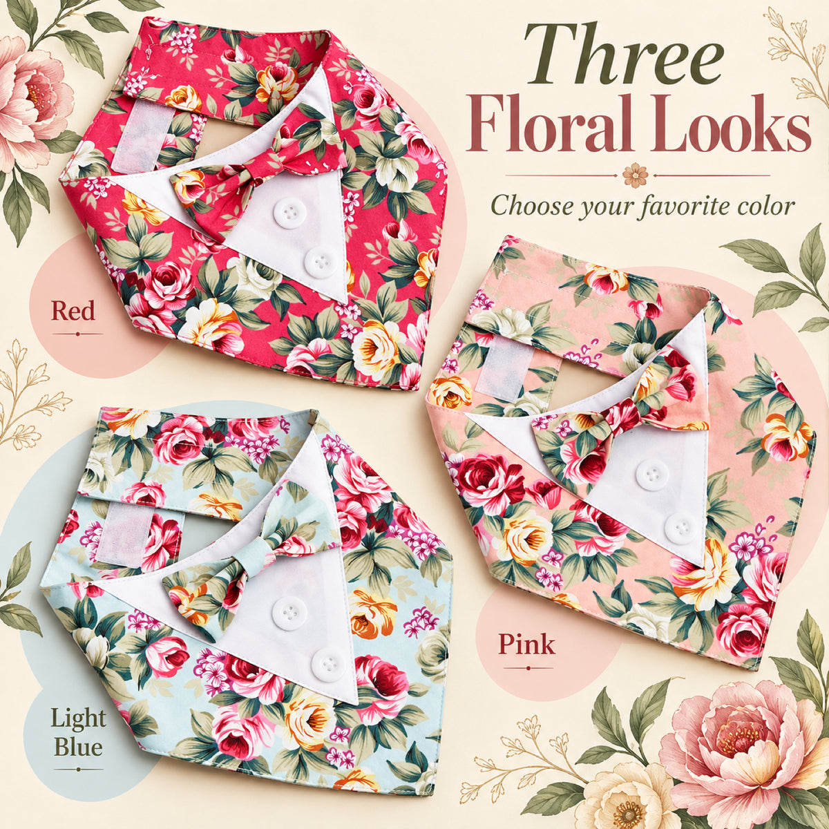 GAVPEPY Polyester Floral Formal Pet Bib, Sizes XS, S, M, L, XL, Red, Pink, Blue, for photos, celebrations, walks and everyday pet outfits; a neckwear accessory for everyday outfits, portraits and special occasions image 2 - 02-三色花卉.jpg