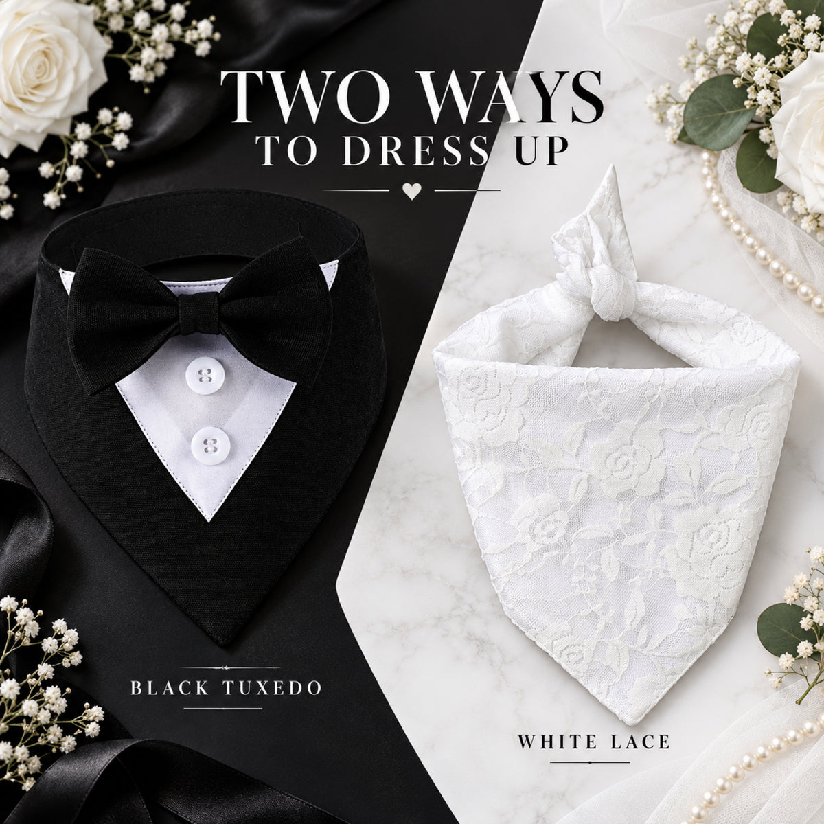 GAVPEPY Cotton Formal Tuxedo Pet Bib, Sizes XS, S, M, L, XL, Black, White, for photos, celebrations, walks and everyday pet outfits; a neckwear accessory for everyday outfits, portraits and special occasions image 2 - 02-双款礼服.jpg