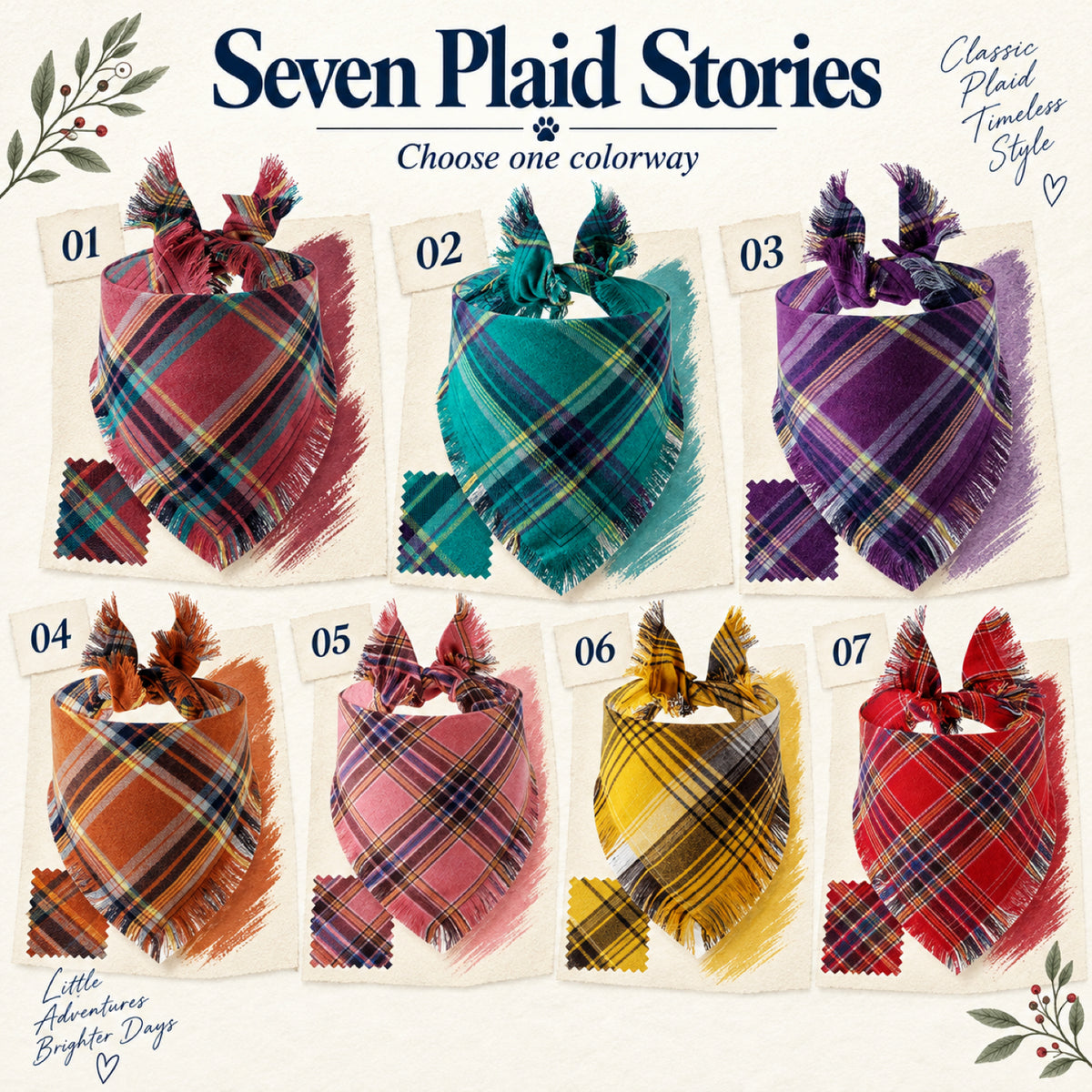 GAVPEPY Polyester-cotton blend Plaid Fringe Pet Bandana, Sizes 65 x 45 x 45 cm, 55 x 38 x 38, as pictured, for photos, celebrations, walks and everyday pet outfits; a neckwear accessory for everyday outfits, portraits and special occasions image 2 - 02-七色画册.jpg