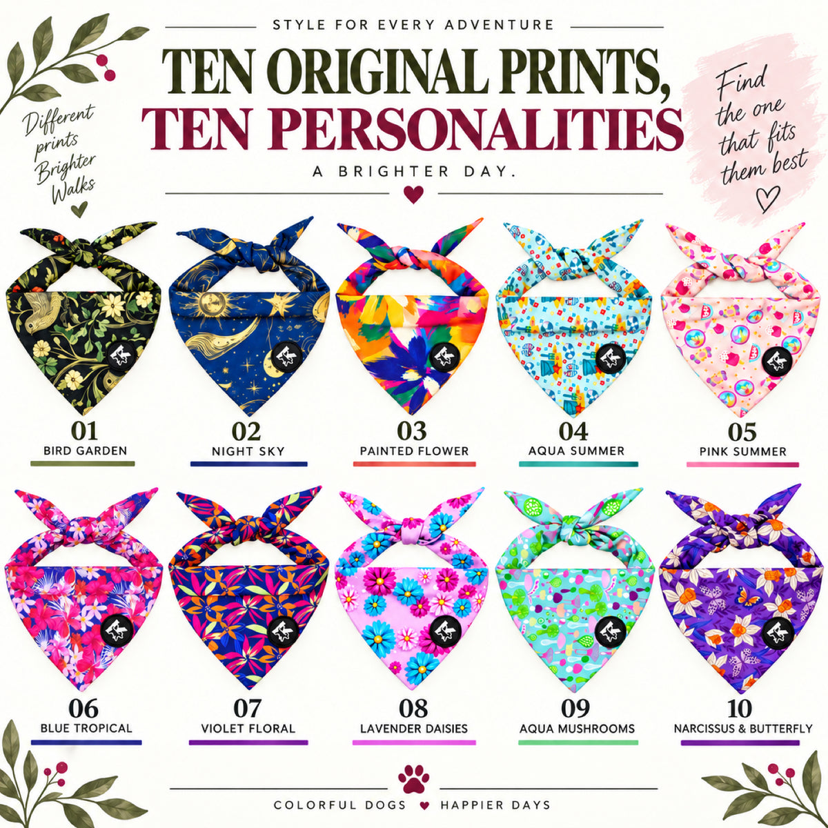 GAVPEPY Polyester Floral Print Pet Bandana, Size One Size, Green, for pet photos, outings and celebrations; decorative neckwear with the selected print and fit shown in the product photos; review the selected variant photo for details image 2 - 02-十款画册.jpg