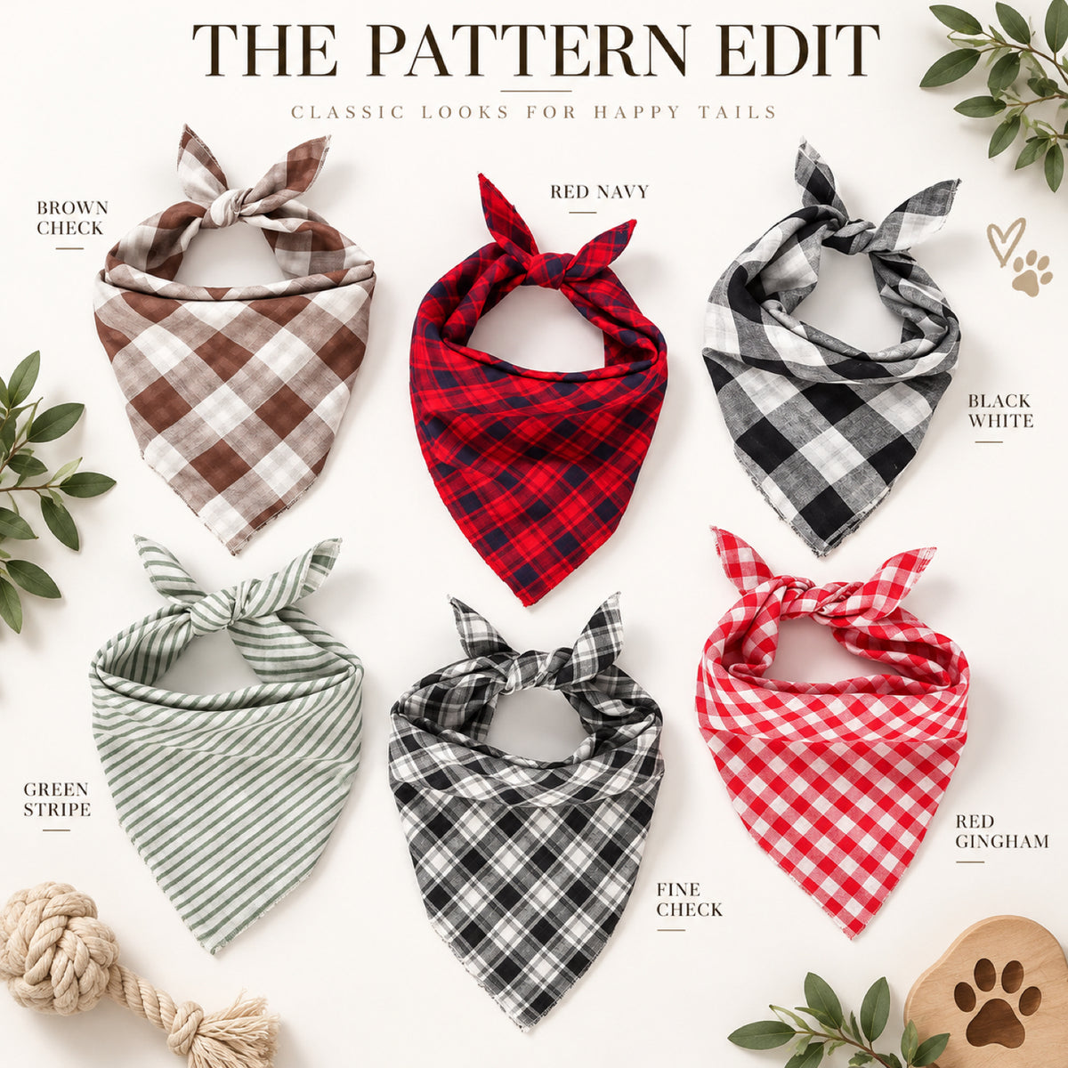 GAVPEPY Cotton Plaid Tie Pet Bandana, Sizes 68 x 45 x 45, One Size, Red, Green, White, Brown, for photos, celebrations, walks and everyday pet outfits; a neckwear accessory for everyday outfits, portraits and special occasions image 2 - 02-六花色画册.jpg