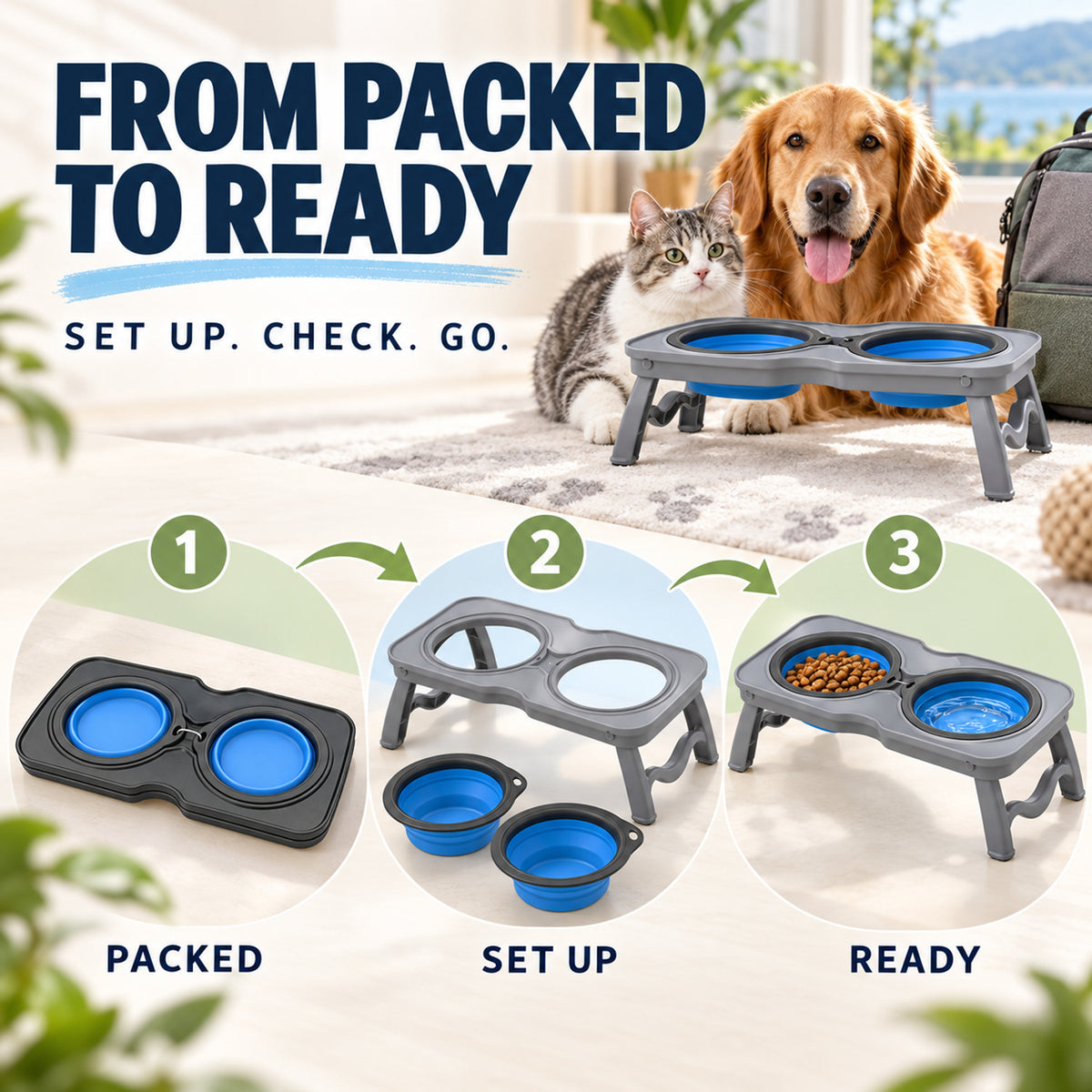 Foldable Double Pet Bowl Stand, 2 Colors & 2 Sizes, By GAVPEPY image 4 - 03-Product-Facts.jpg