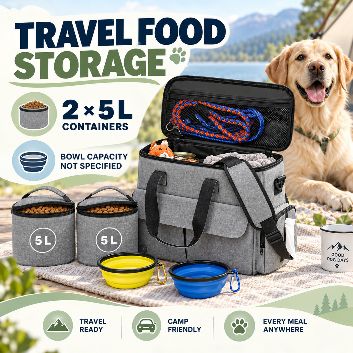 Large Pet Food Travel Bag with 2 Collapsible Bowls, 3 Colors, By GAVPEPY image 4 - 03-Product-Facts.jpg