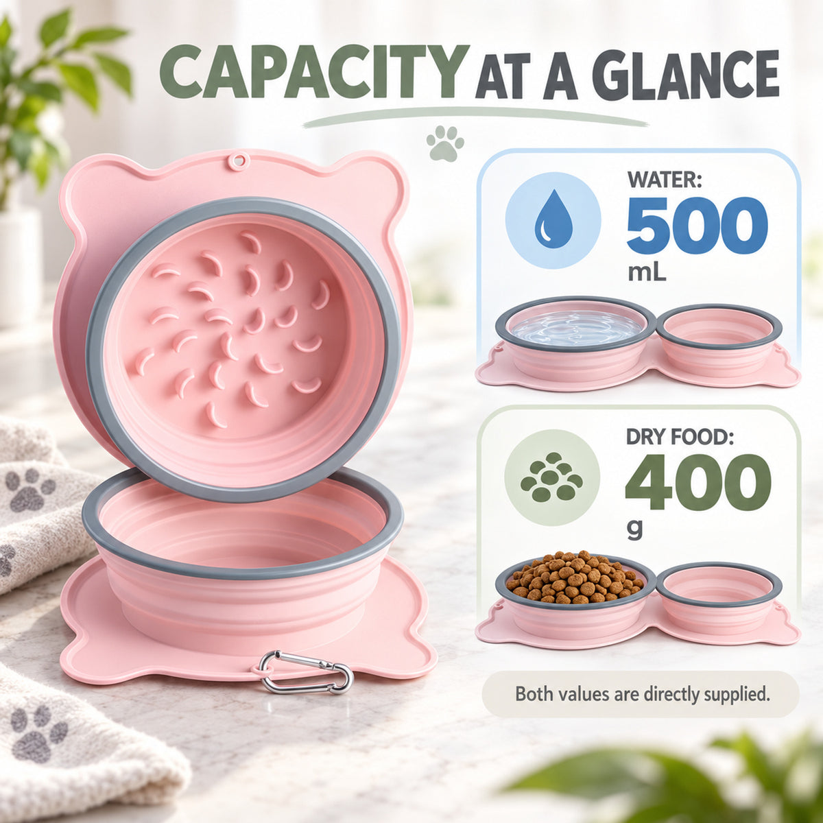 Twin Collapsible Silicone Pet Travel Bowls, 7 Colors, By GAVPEPY image 4 - 03-Product-Facts.jpg
