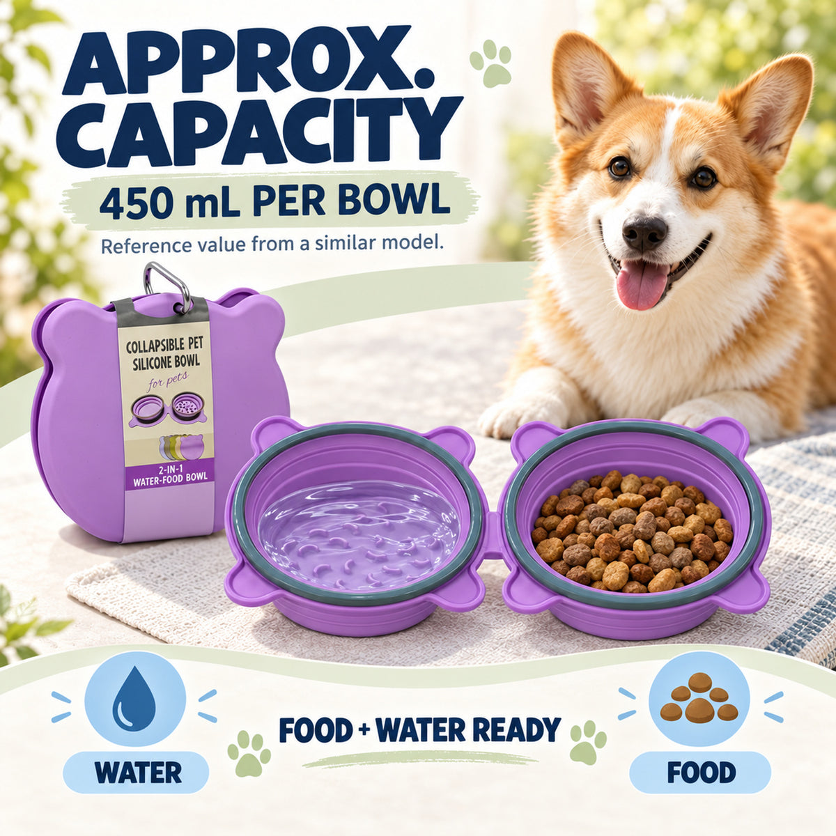 Collapsible Slow-Feeder Pet Travel Bowl, 3 Colors, By GAVPEPY image 4 - 03-Product-Facts.jpg