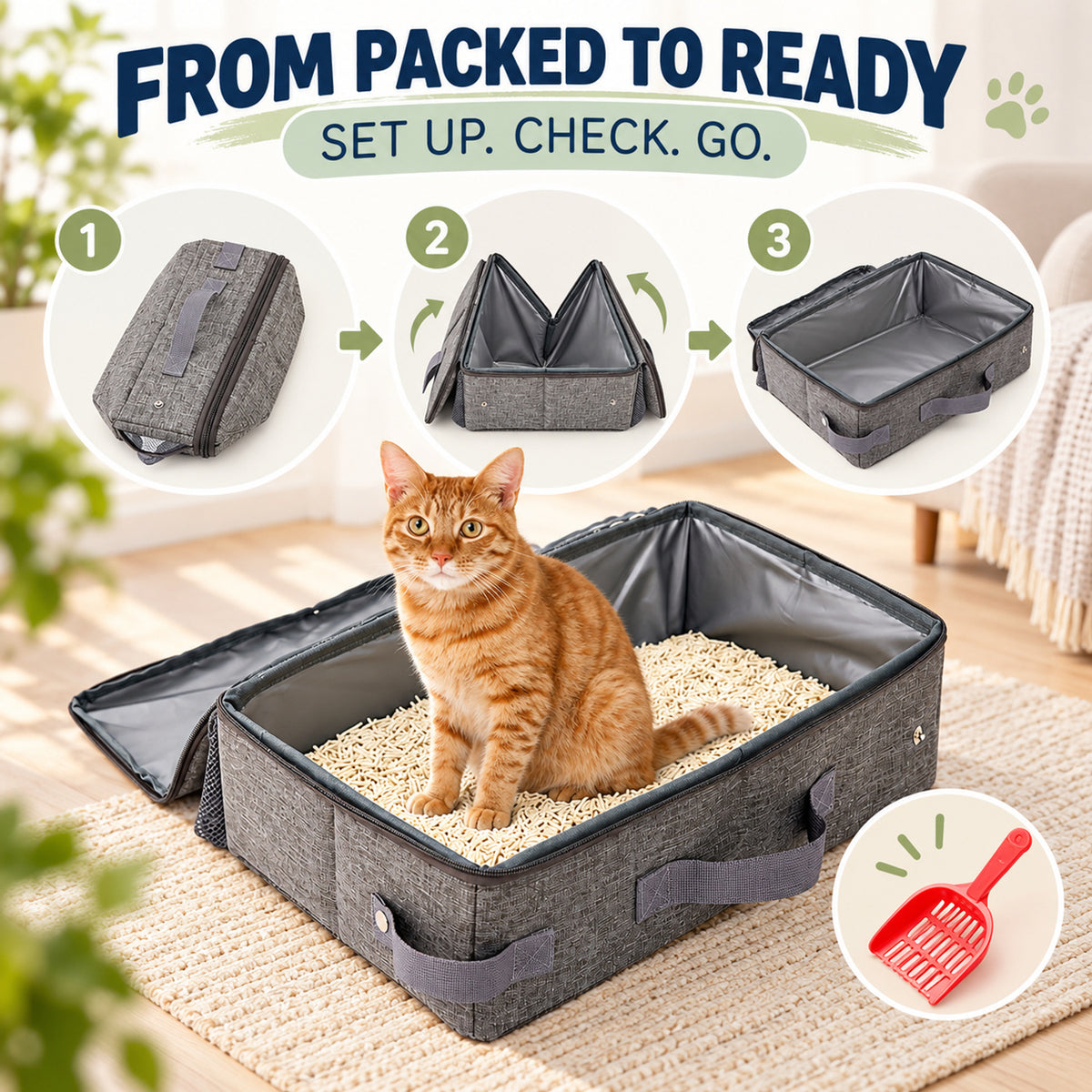 Foldable Travel Litter Box with Scoop, 3 Sizes, By GAVPEPY image 4 - 03-Product-Facts.jpg