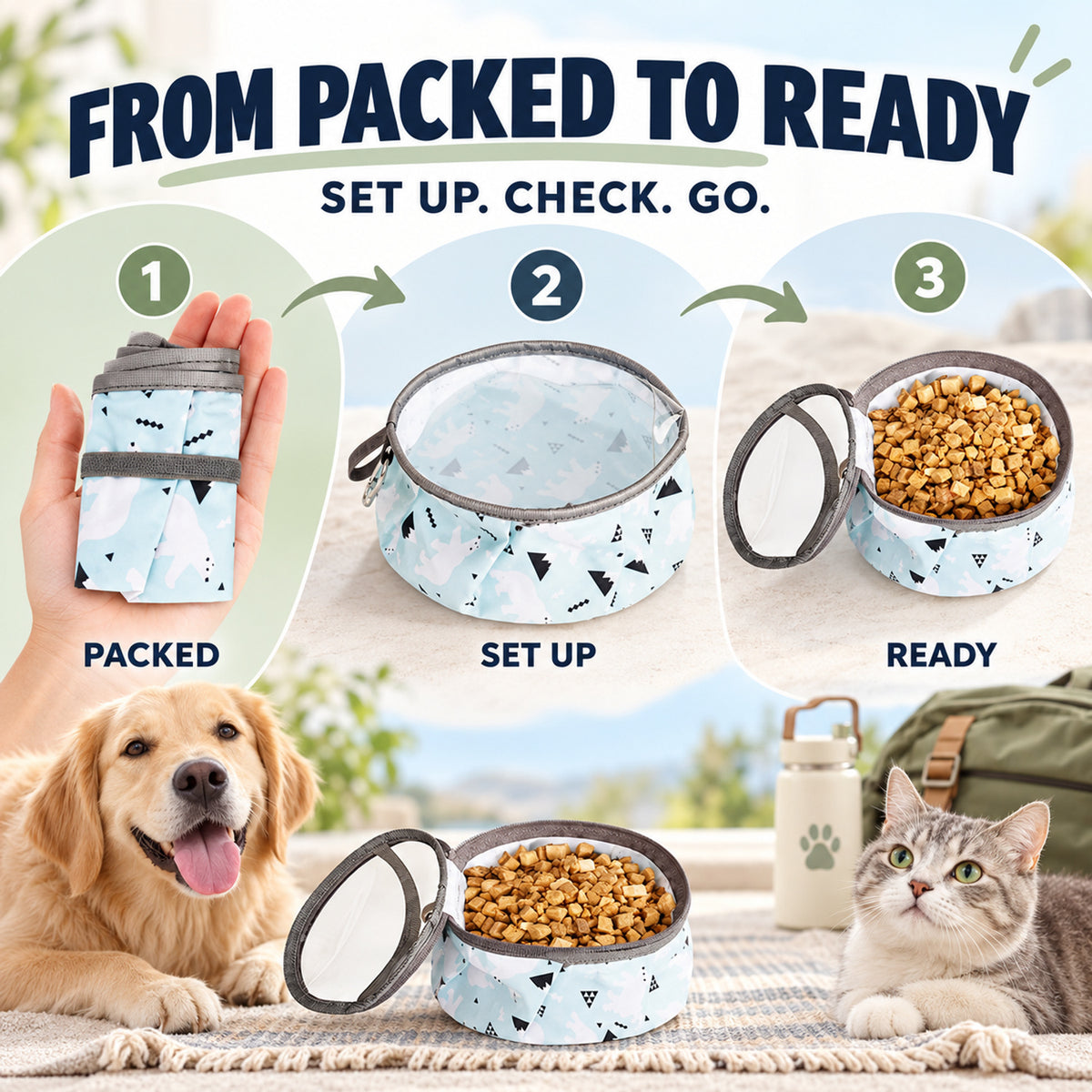 Portable Collapsible Silicone Pet Bowl, 2 Colors, By GAVPEPY image 4 - 03-Product-Facts.jpg