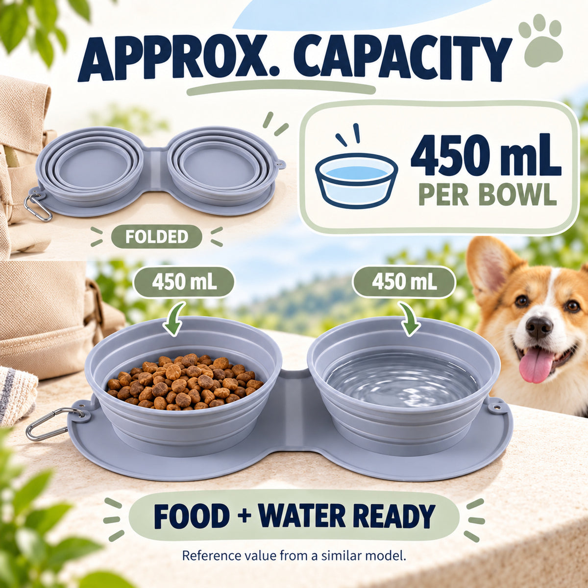 Collapsible Silicone Double Pet Travel Bowl, 3 Colors, By GAVPEPY image 4 - 03-Product-Facts.jpg