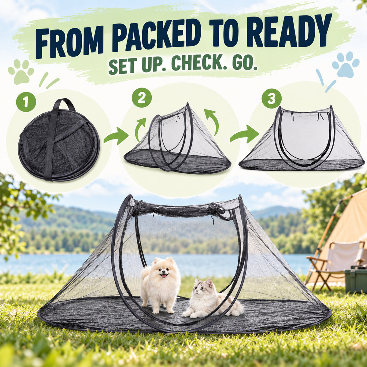 Foldable Green Pet Travel Tent, 3 Configurations, By GAVPEPY image 4 - 03-Product-Facts.jpg