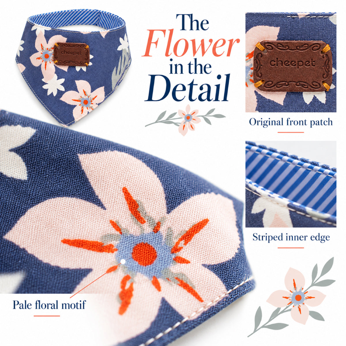 GAVPEPY Cotton Floral Hook-and-Loop Pet Bib, Sizes S, M, L, Blue, Pink, for photos, celebrations, walks and everyday pet outfits; a neckwear accessory for everyday outfits, portraits and special occasions image 3 - 03-蓝款花型.jpg