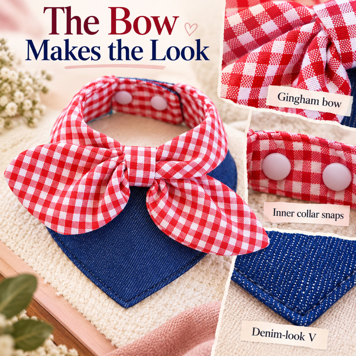 GAVPEPY Polyester Gingham Bow Pet Bib, Sizes S, M, Red, for pet photos, outings and celebrations; decorative neckwear with the selected print and fit shown in the product photos; review the selected variant photo for details image 3 - 03-红格细节.jpg