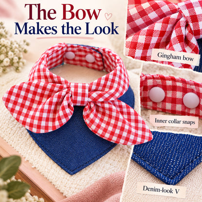 GAVPEPY Polyester Gingham Bow Pet Bib, Sizes S, M, Red, for pet photos, outings and celebrations; decorative neckwear with the selected print and fit shown in the product photos; review the selected variant photo for details image 3 - 03-红格细节.jpg